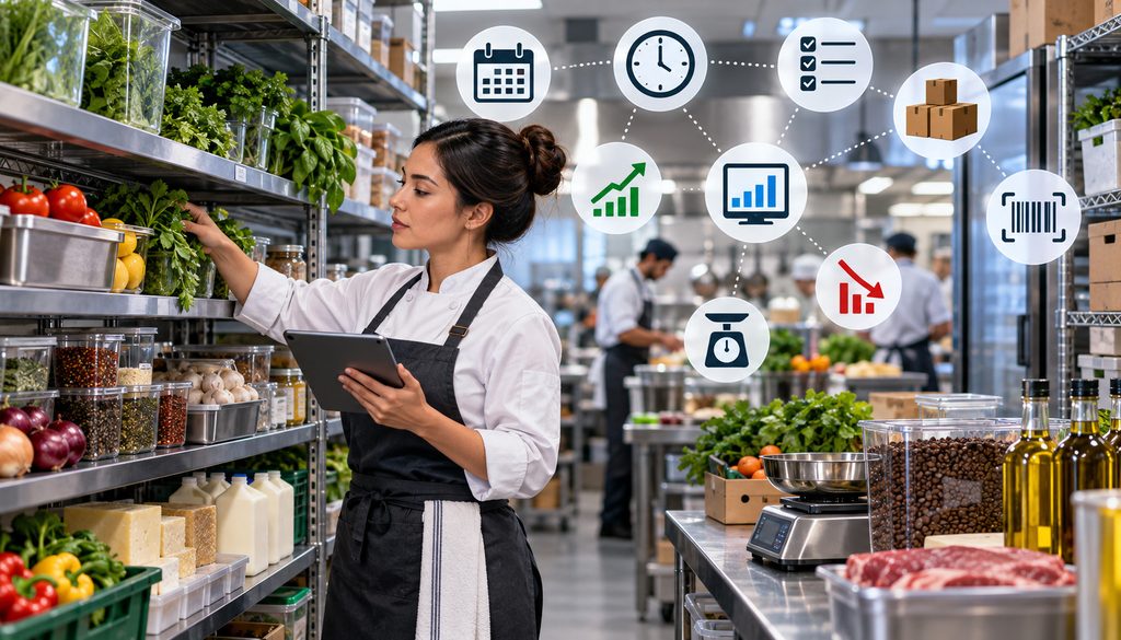 Restaurant manager cycle-counting high-variance ingredients in a commercial kitchen